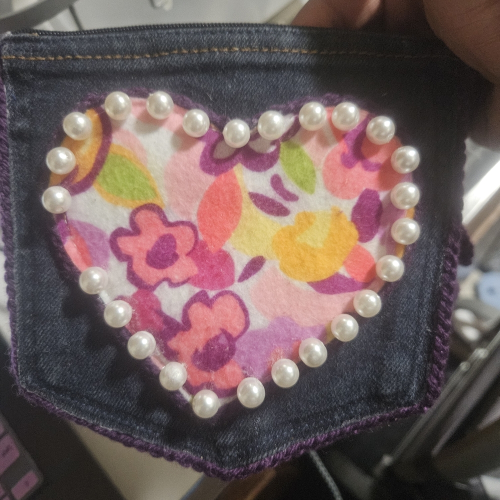 Floral Heart Denim Pocket with Pearl Trim